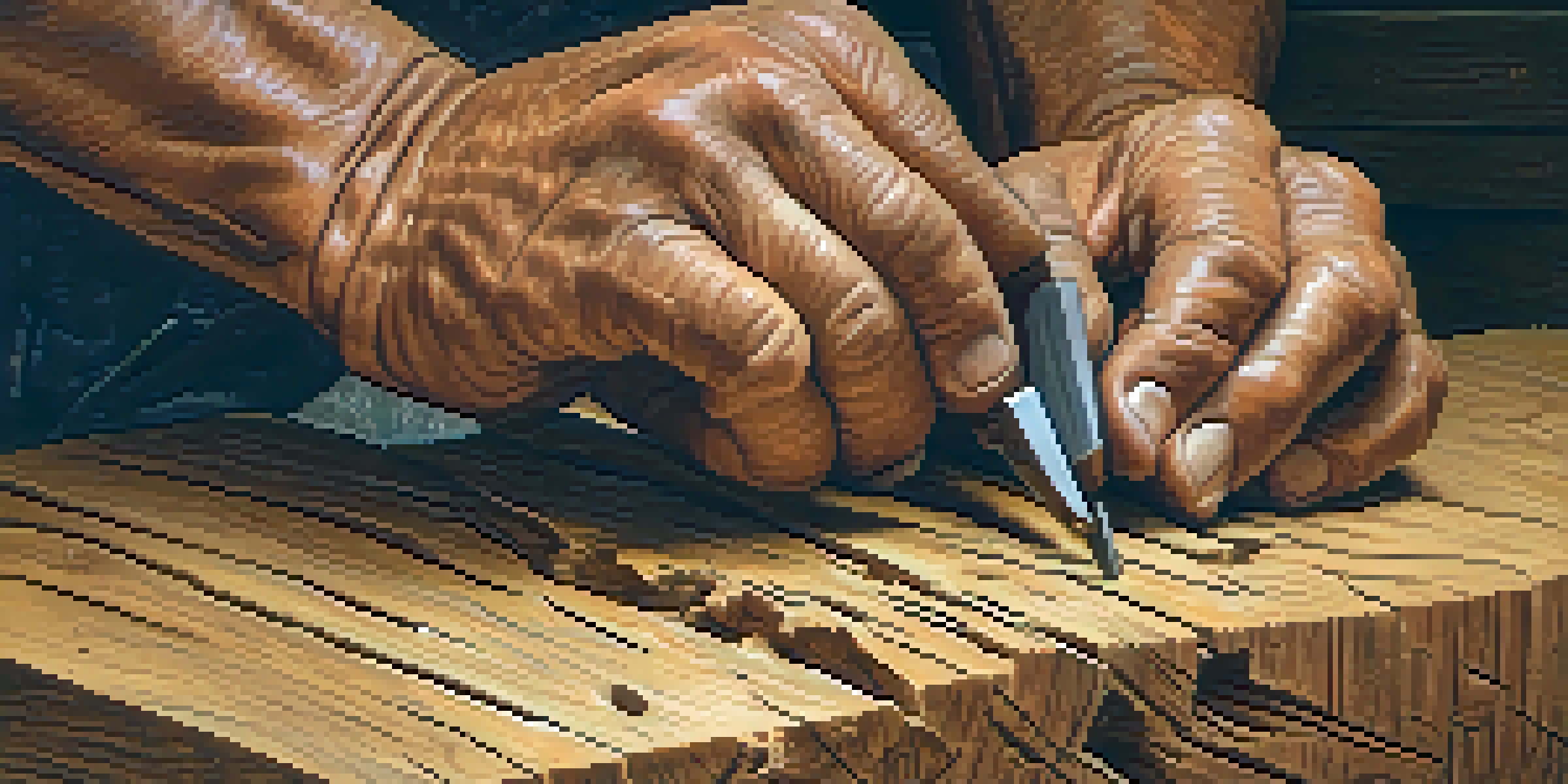 An artisan's hands carving aged wood with visible cracks, surrounded by wood shavings and soft lighting.