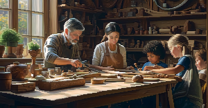 A family gathered around a table in a carving workshop, working on wood projects with tools and a warm atmosphere.