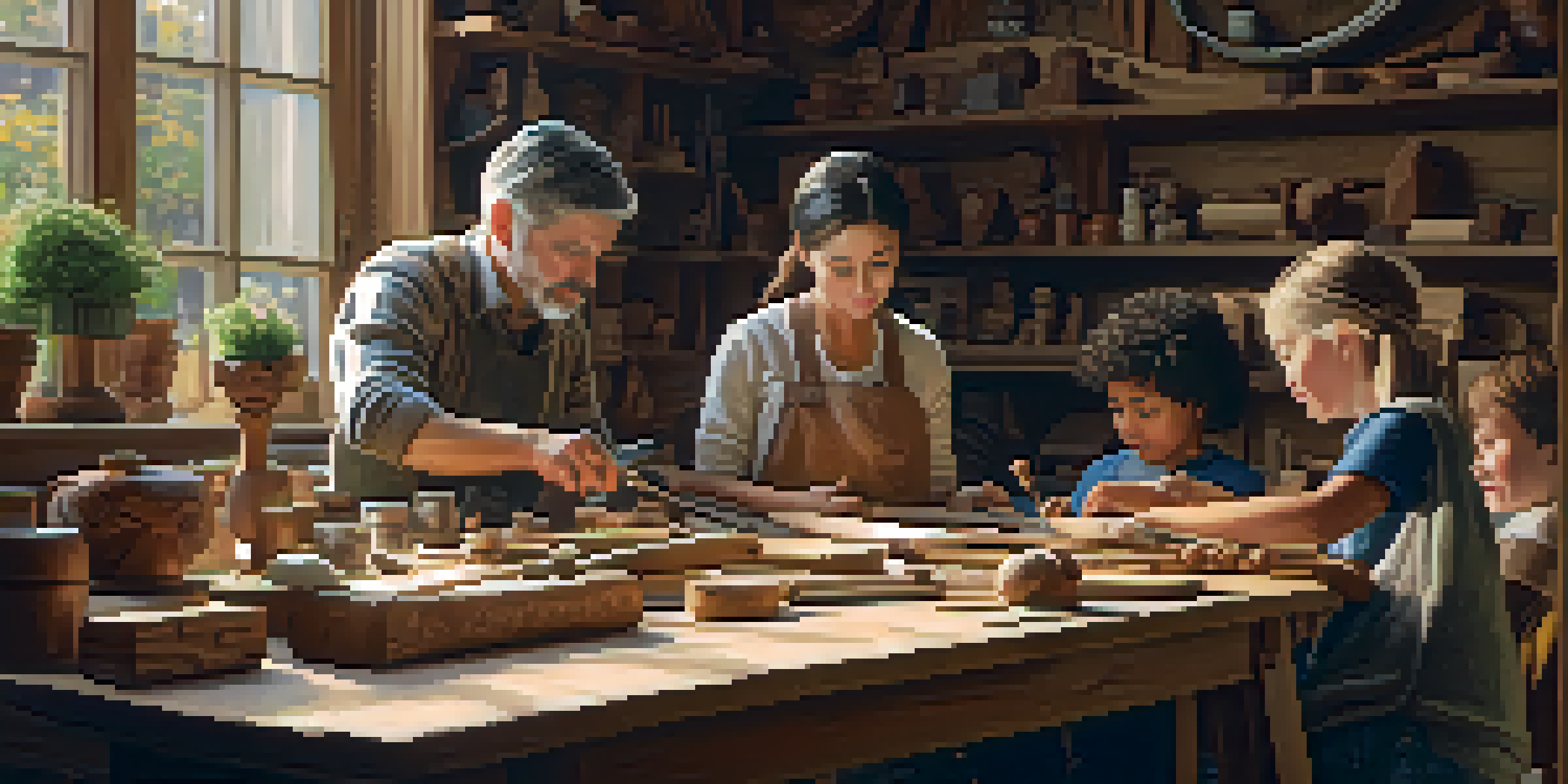 A family gathered around a table in a carving workshop, working on wood projects with tools and a warm atmosphere.