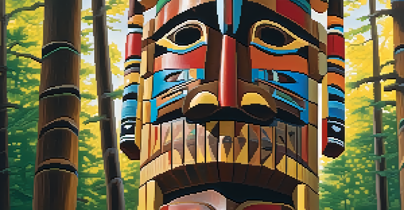 Vibrant Native American totem pole with symbolic figures in a forest setting, illuminated by dappled sunlight.