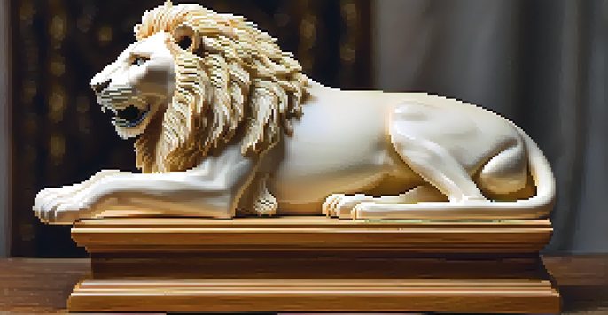 A detailed close-up of an ivory sculpture of a lion, highlighting its intricate features and textures, placed on a wooden pedestal.