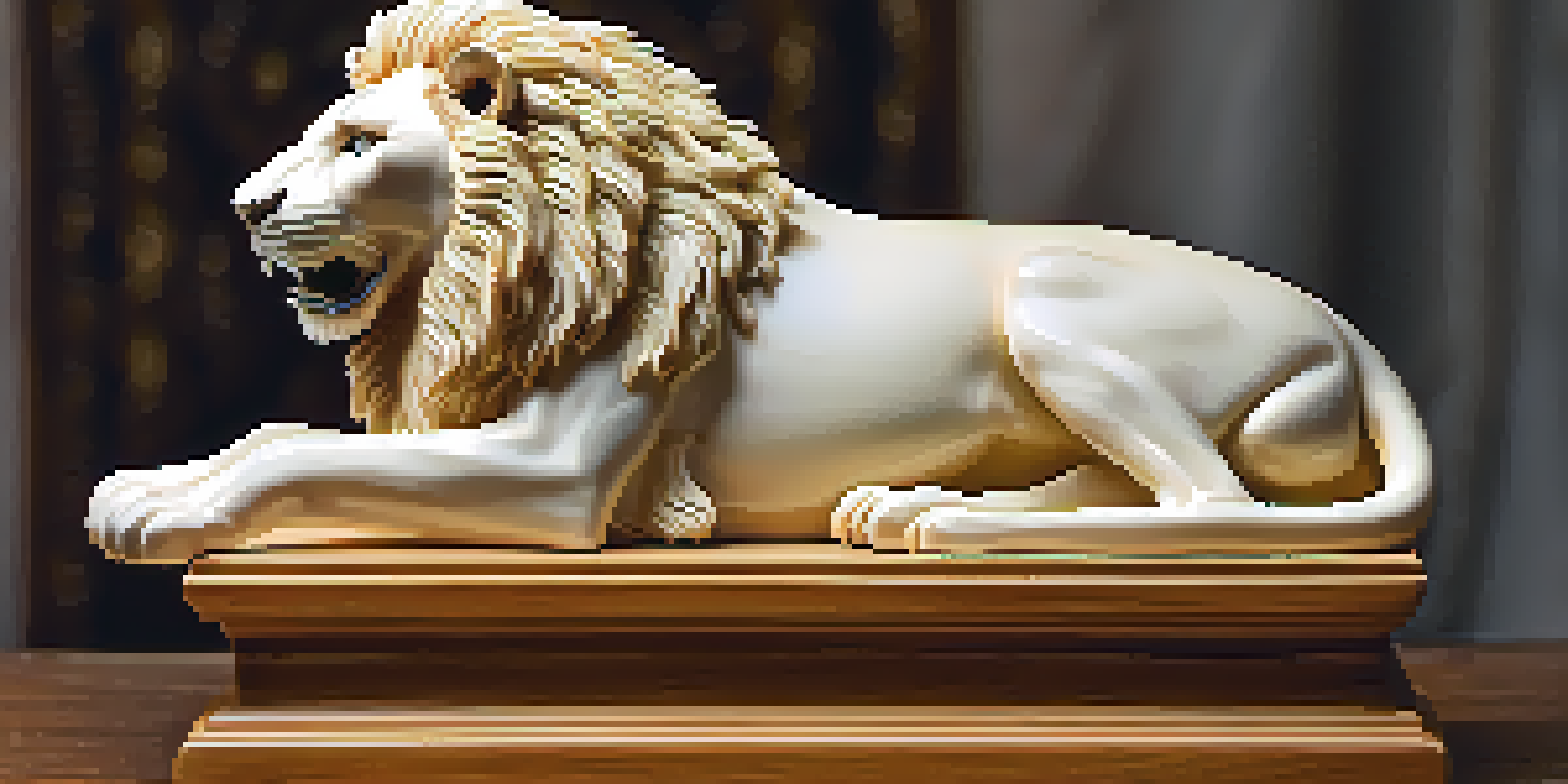 A detailed close-up of an ivory sculpture of a lion, highlighting its intricate features and textures, placed on a wooden pedestal.