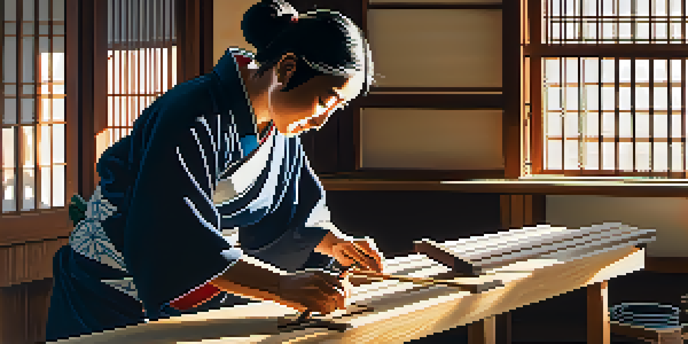 An artisan in a traditional Japanese workshop carving a wooden block for woodblock printing, with natural light streaming through screens.