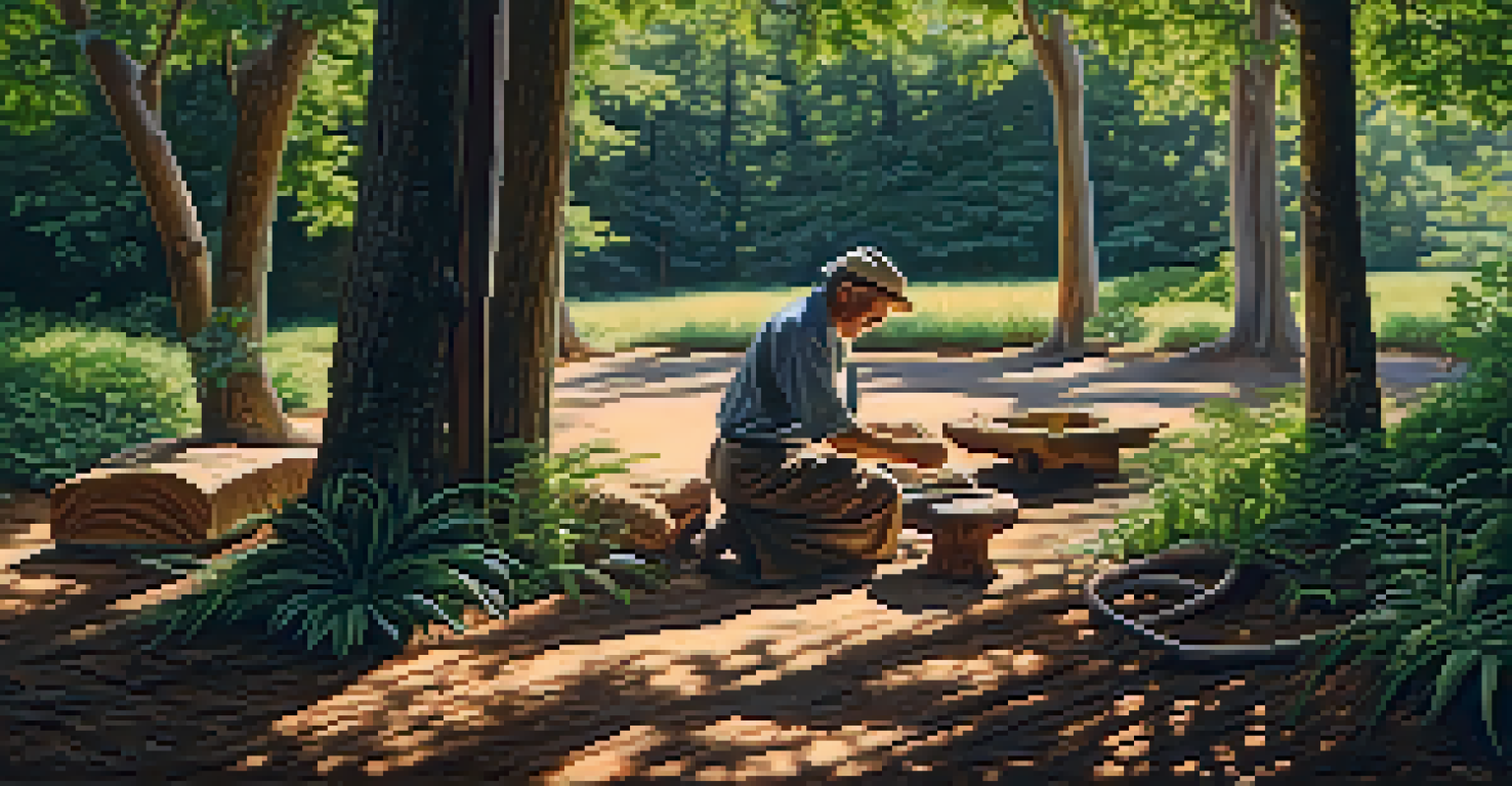 An artisan carving wood outdoors, surrounded by trees and sunlight creating dappled patterns on the ground.