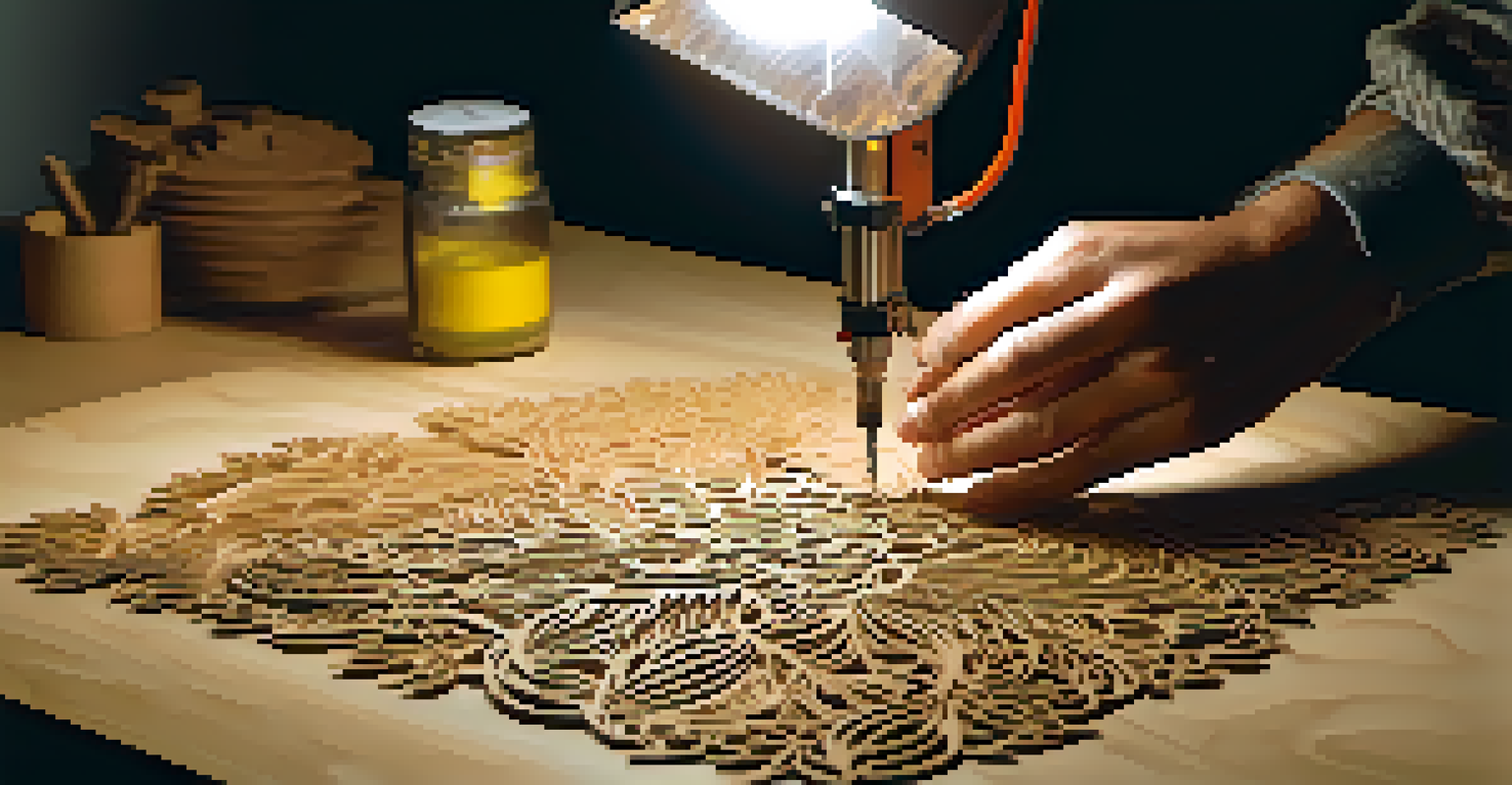 An artist using a laser cutter on wood, highlighting precision and intricate designs.