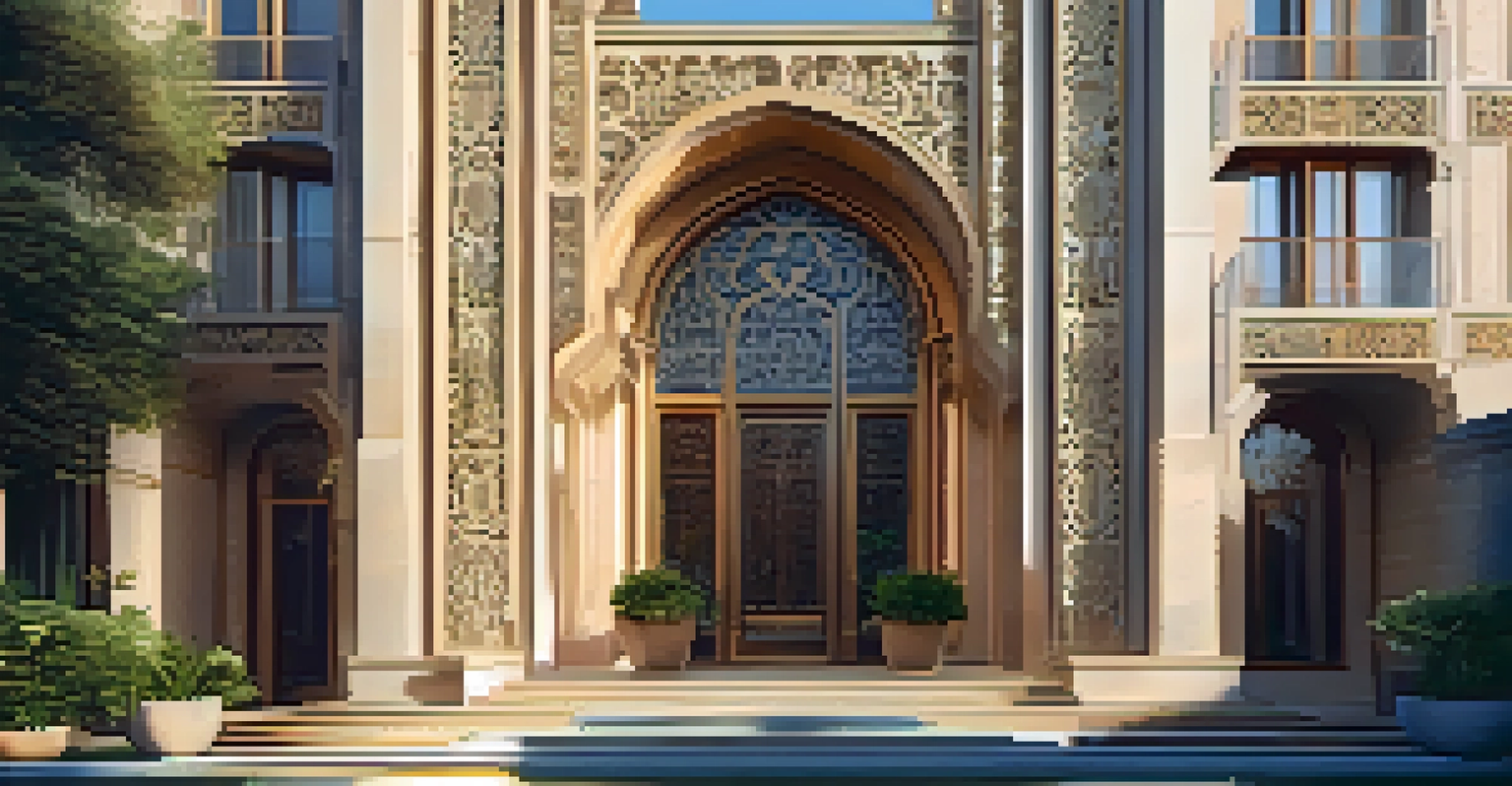 An architectural facade with intricate stone carvings illuminated by sunset, surrounded by greenery.
