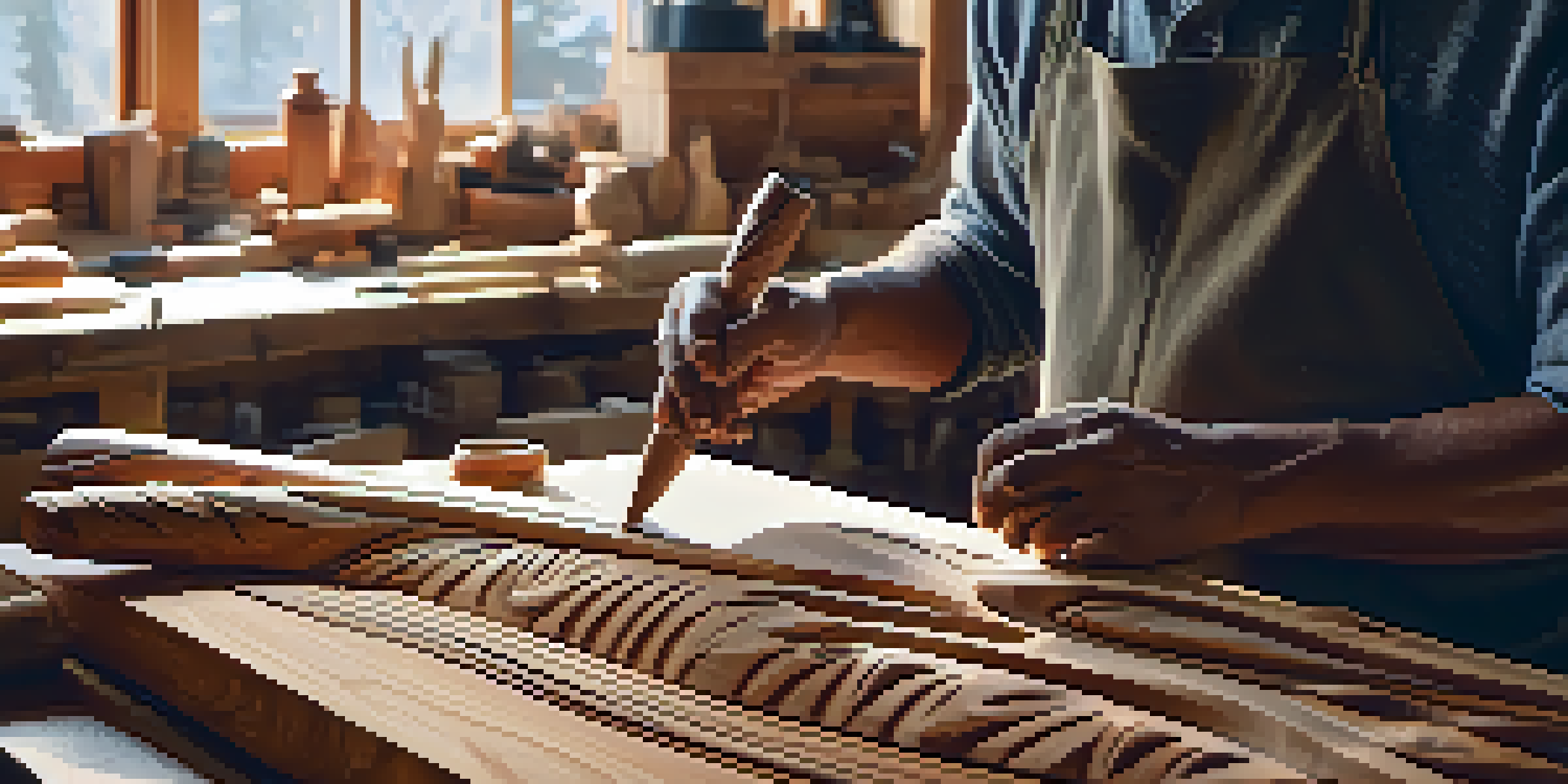 An Indigenous artist is carving a wooden totem pole, showcasing intricate details of the tools and wood texture in a sunlit workshop.