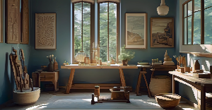 A therapy room with a cozy chair, a wooden carving station, and various carving tools, illuminated by soft warm lighting.