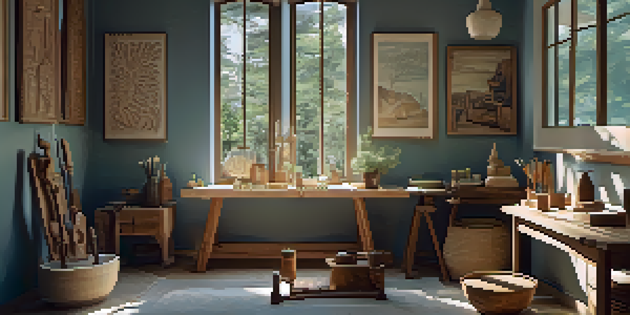 A therapy room with a cozy chair, a wooden carving station, and various carving tools, illuminated by soft warm lighting.