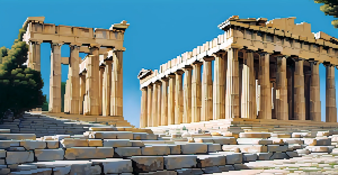 The Acropolis in Athens with monumental sculptures and a clear blue sky in the background.