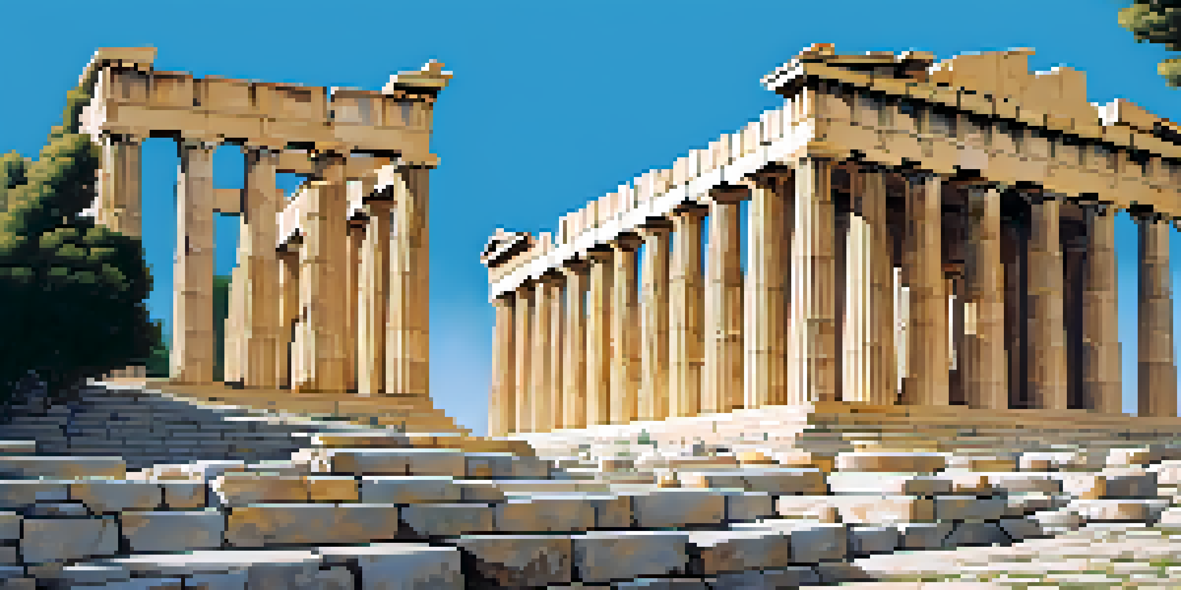 The Acropolis in Athens with monumental sculptures and a clear blue sky in the background.