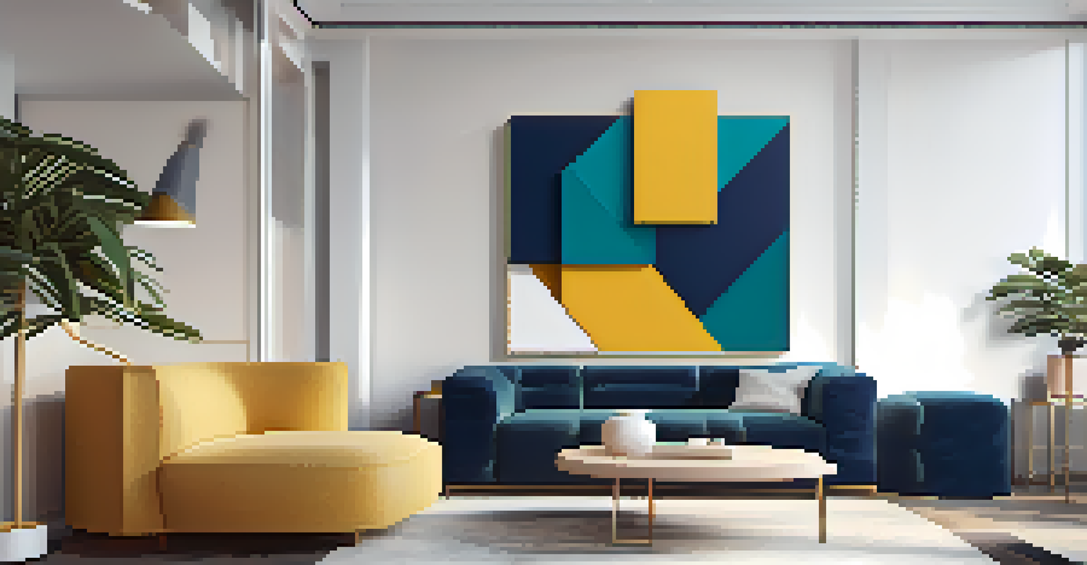 A geometric wall carving in bold colors placed in a minimalist living room.