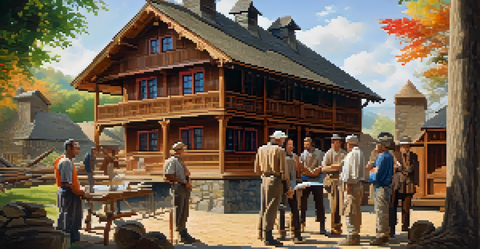 A team of experts collaborating on the restoration of a traditional wooden house, with vibrant colors and natural lighting.