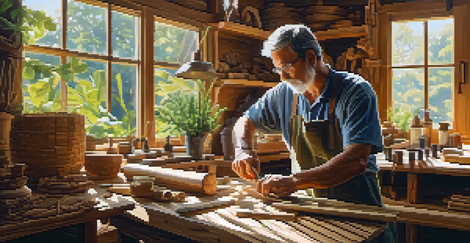 A wood carver working in a bright workshop, surrounded by tools and plants, focusing on a piece of sustainably sourced wood.