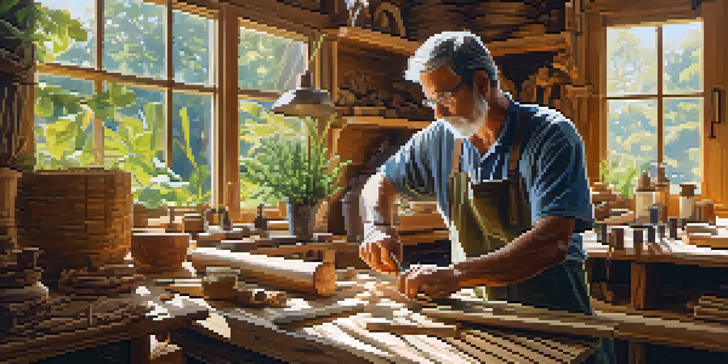 A wood carver working in a bright workshop, surrounded by tools and plants, focusing on a piece of sustainably sourced wood.