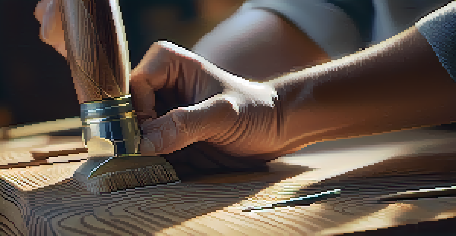 Close-up of hands carving intricate designs into wood, showcasing tools and the texture of the material in a peaceful workspace.