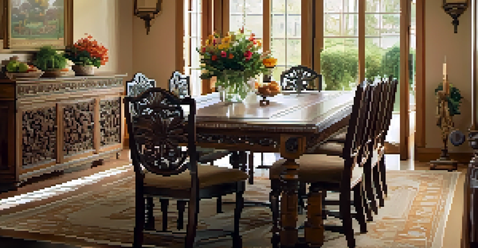 A carved wooden dining table with intricate floral designs, surrounded by matching chairs in a warm, well-lit room with a vase of flowers on the table.