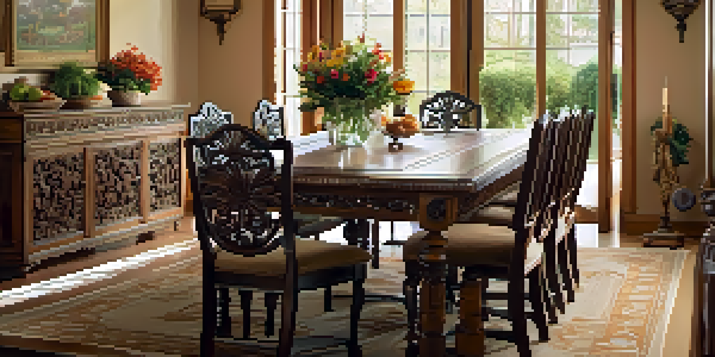 A carved wooden dining table with intricate floral designs, surrounded by matching chairs in a warm, well-lit room with a vase of flowers on the table.