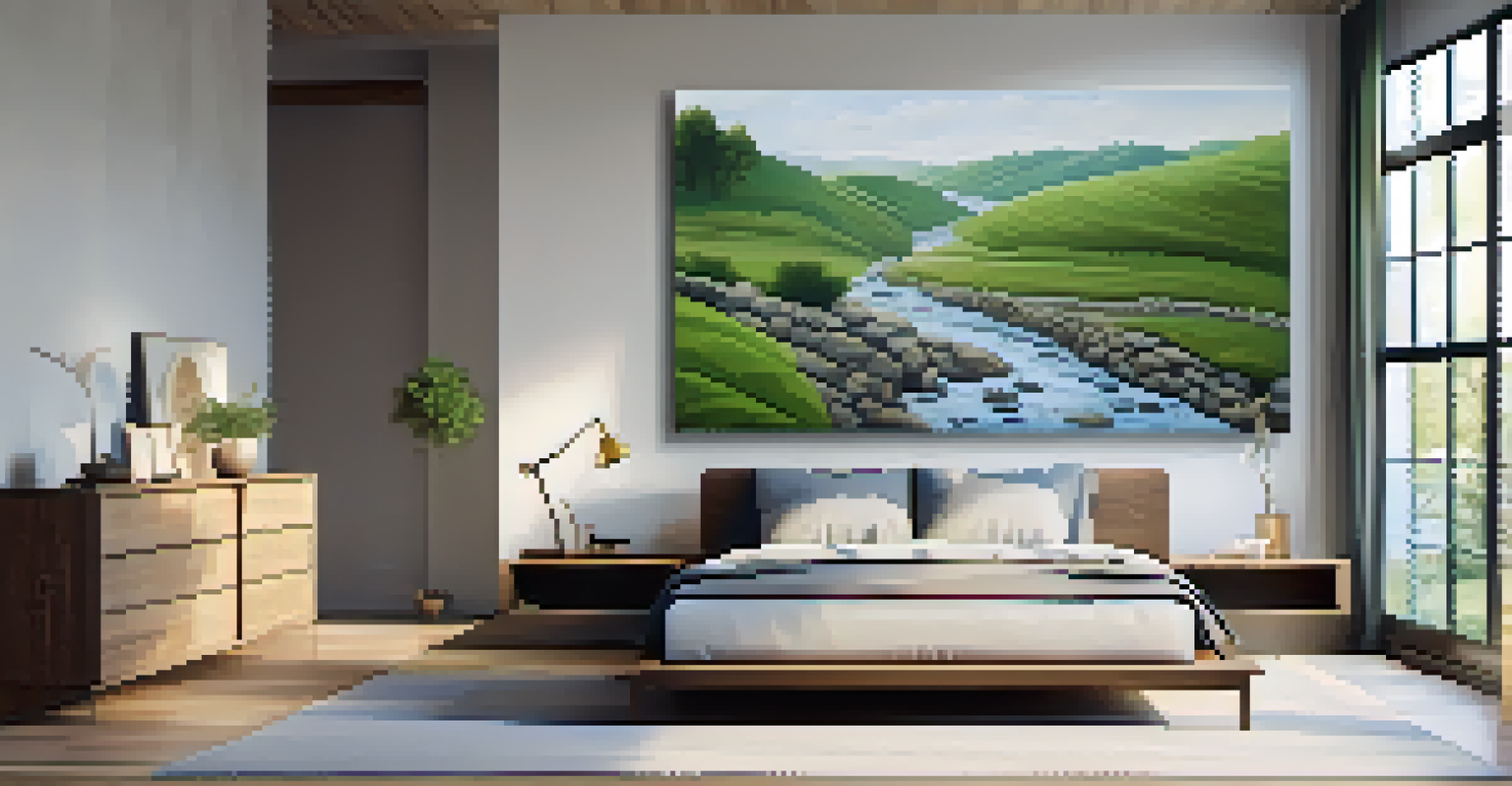 A stone wall art piece showing a tranquil landscape in a softly lit bedroom with blue and green decor.