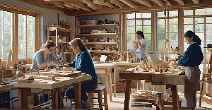A virtual carving workshop where participants are learning to carve wood, surrounded by tools and natural light.