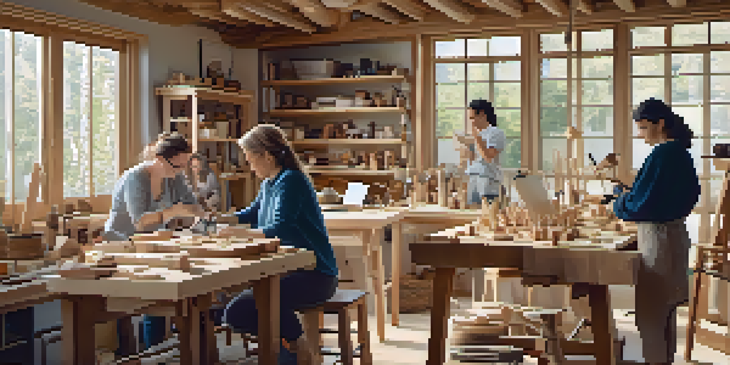 A virtual carving workshop where participants are learning to carve wood, surrounded by tools and natural light.