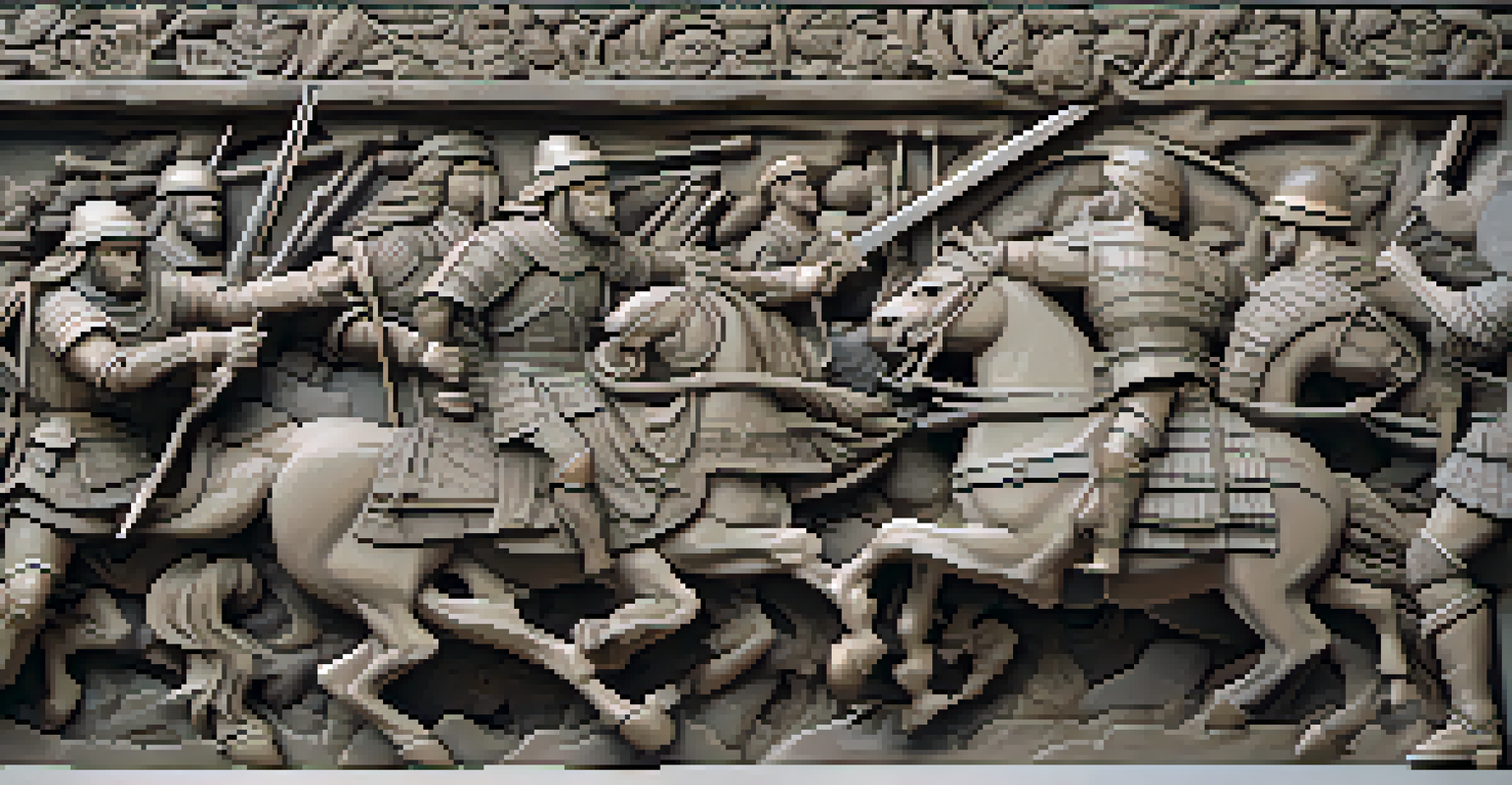 Close-up of a stone wall with detailed relief carvings depicting a legendary battle scene.