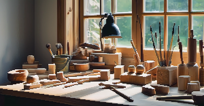 A bright and organized carving workspace with tools and wooden blocks on a table, illuminated by soft natural light.