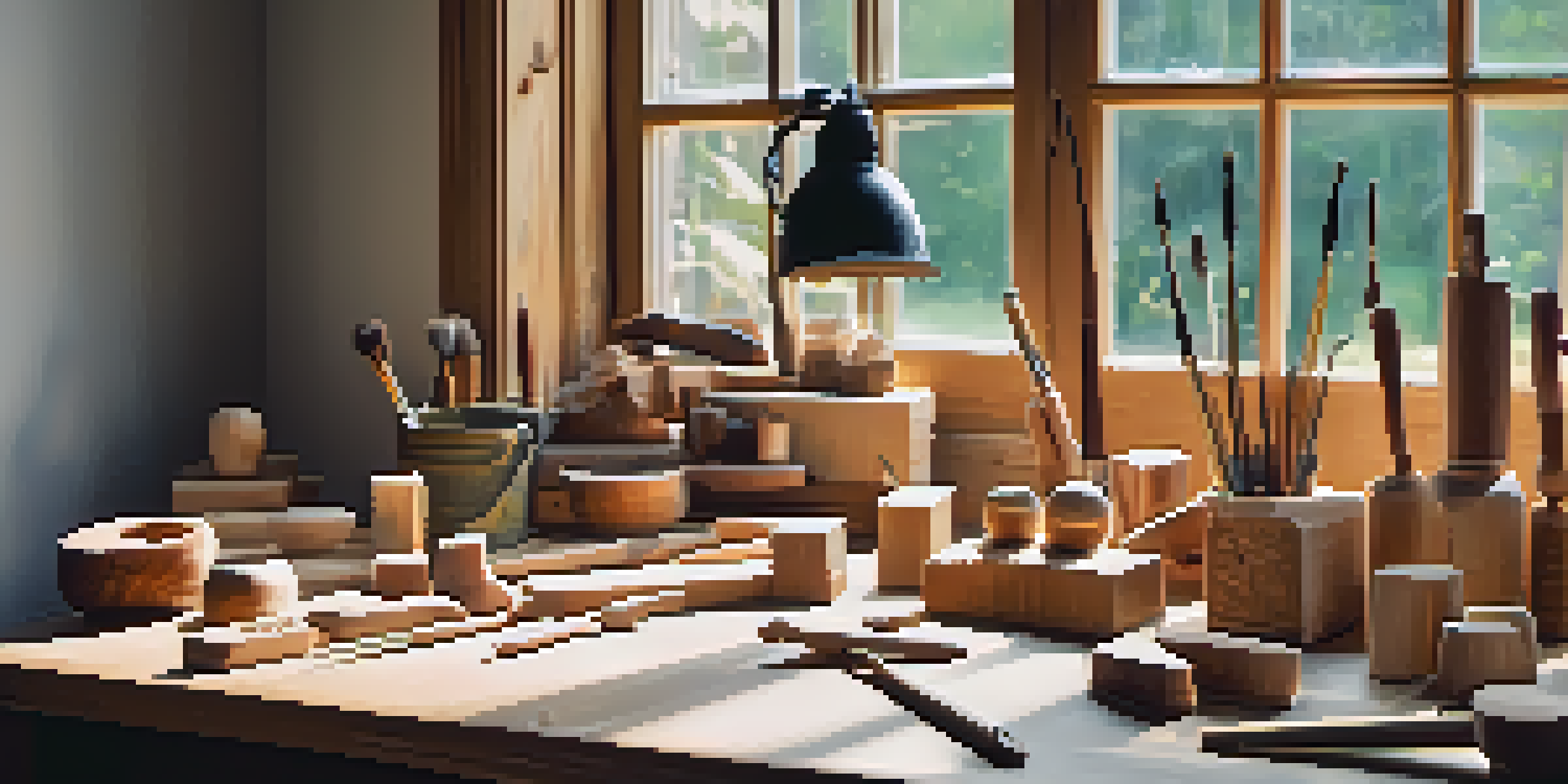 A bright and organized carving workspace with tools and wooden blocks on a table, illuminated by soft natural light.