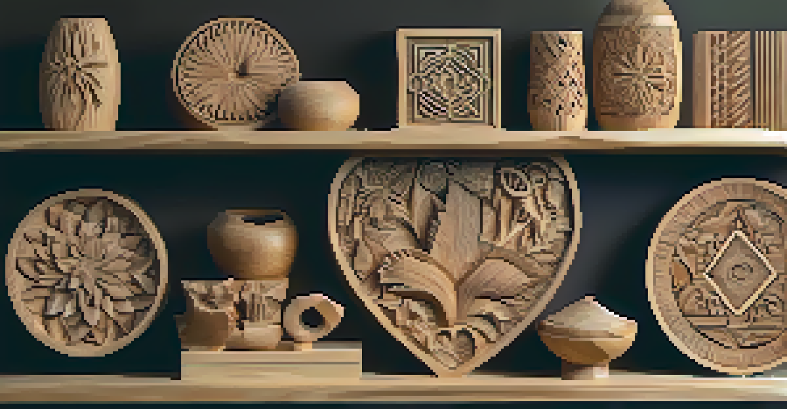 A rustic shelf displaying various wood carving designs, showcasing different techniques and wood types, with soft lighting.
