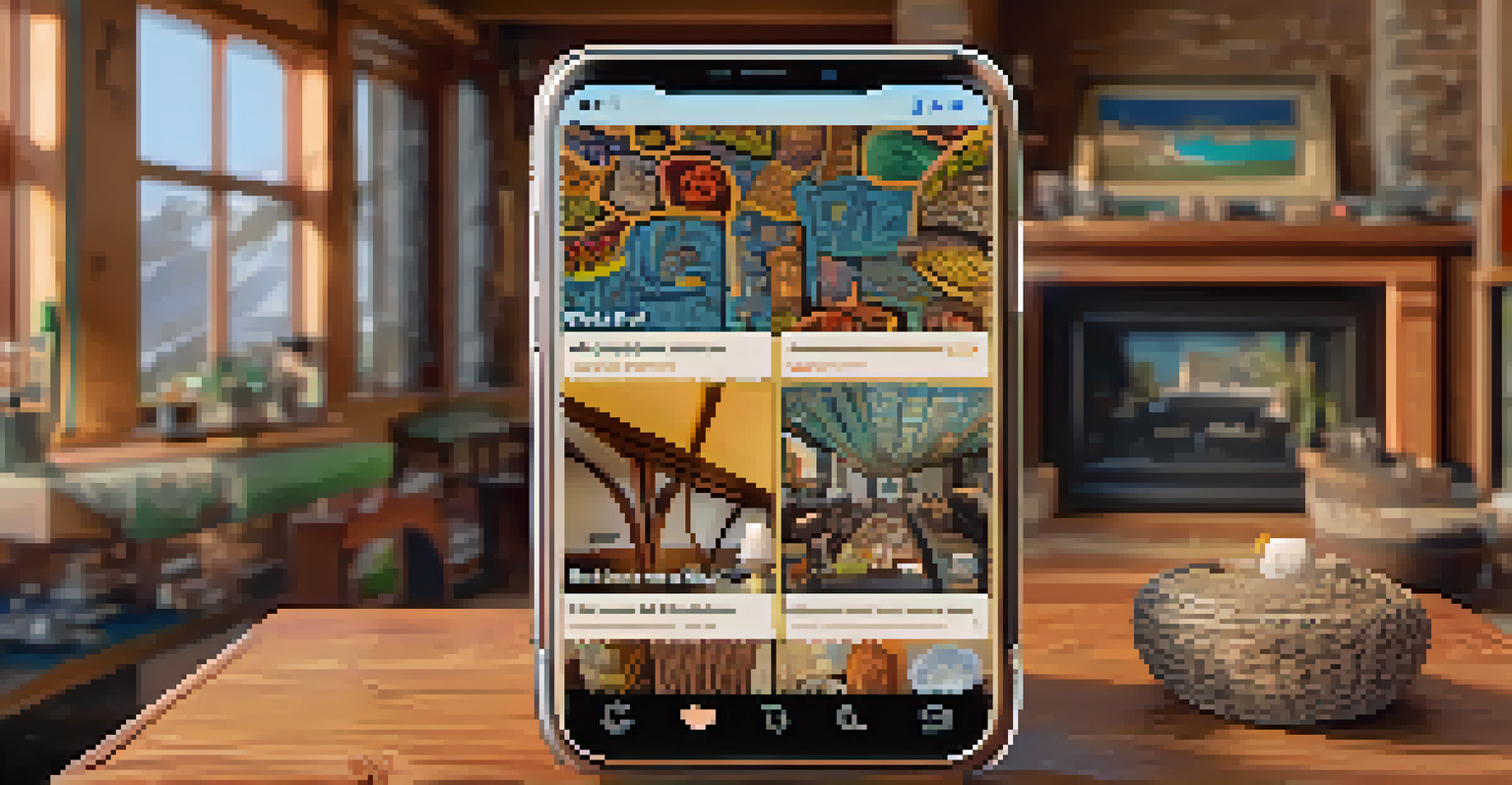 A smartphone displaying a vibrant social media feed with images and videos of various wood and stone carvings in a cozy living room.