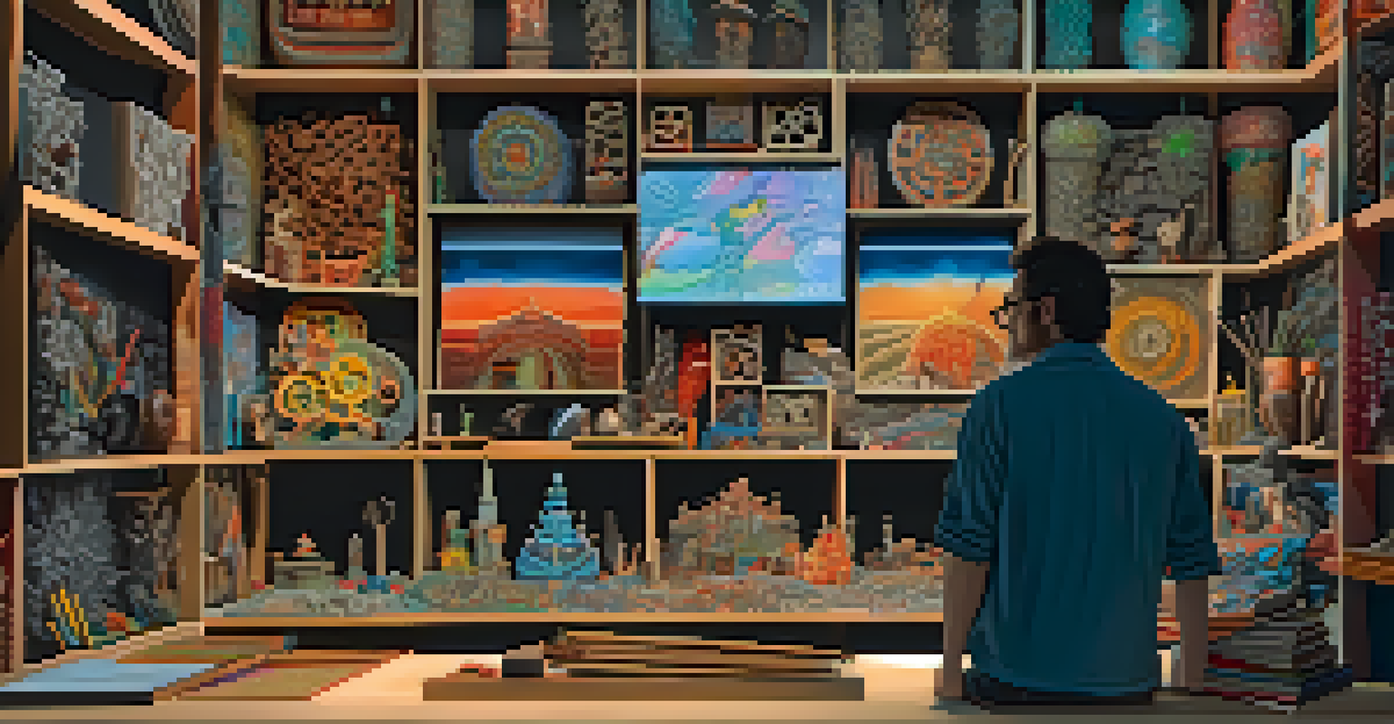 An artist working on a digital design for a carving, surrounded by tools and finished sculptures in a sunlit studio.