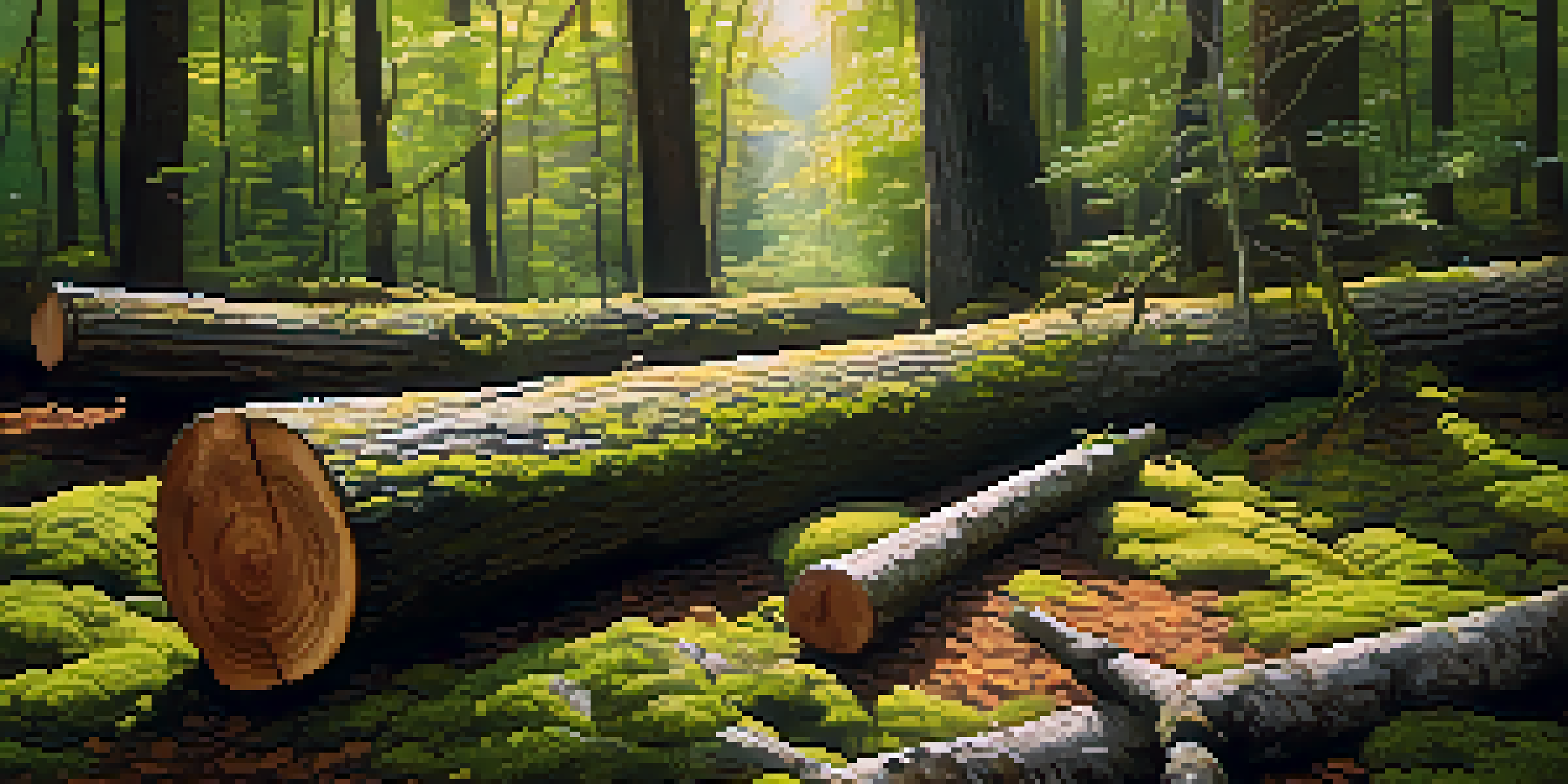A peaceful forest setting with fallen branches and logs on moss, illuminated by sunlight.