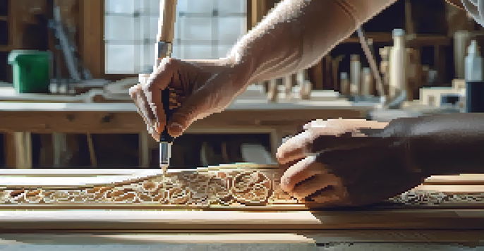 A conservator carefully applying eco-friendly glue to a wooden carving in a bright studio, with tools and biodegradable materials in the background.