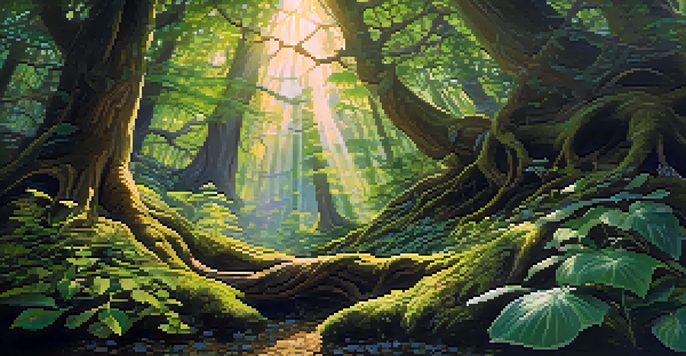 A vibrant enchanted forest with lush plants and whimsical creatures under dappled sunlight.