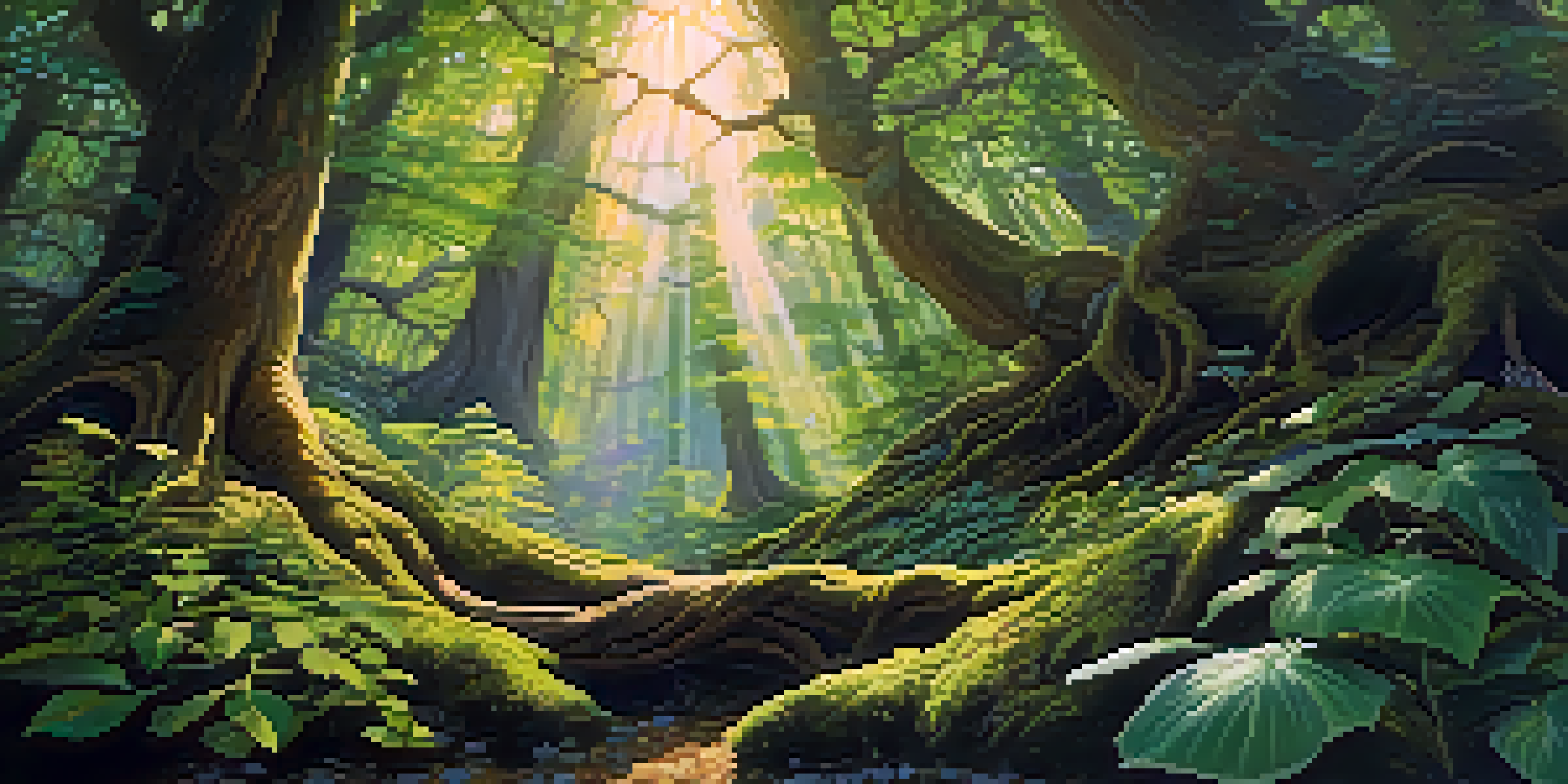 A vibrant enchanted forest with lush plants and whimsical creatures under dappled sunlight.