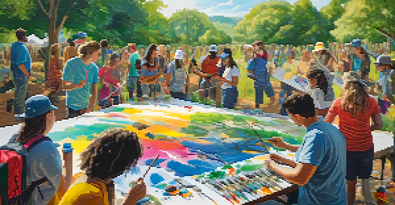 A group of diverse people working together to create a large mural of wildlife and landscapes in a park, showcasing community involvement.