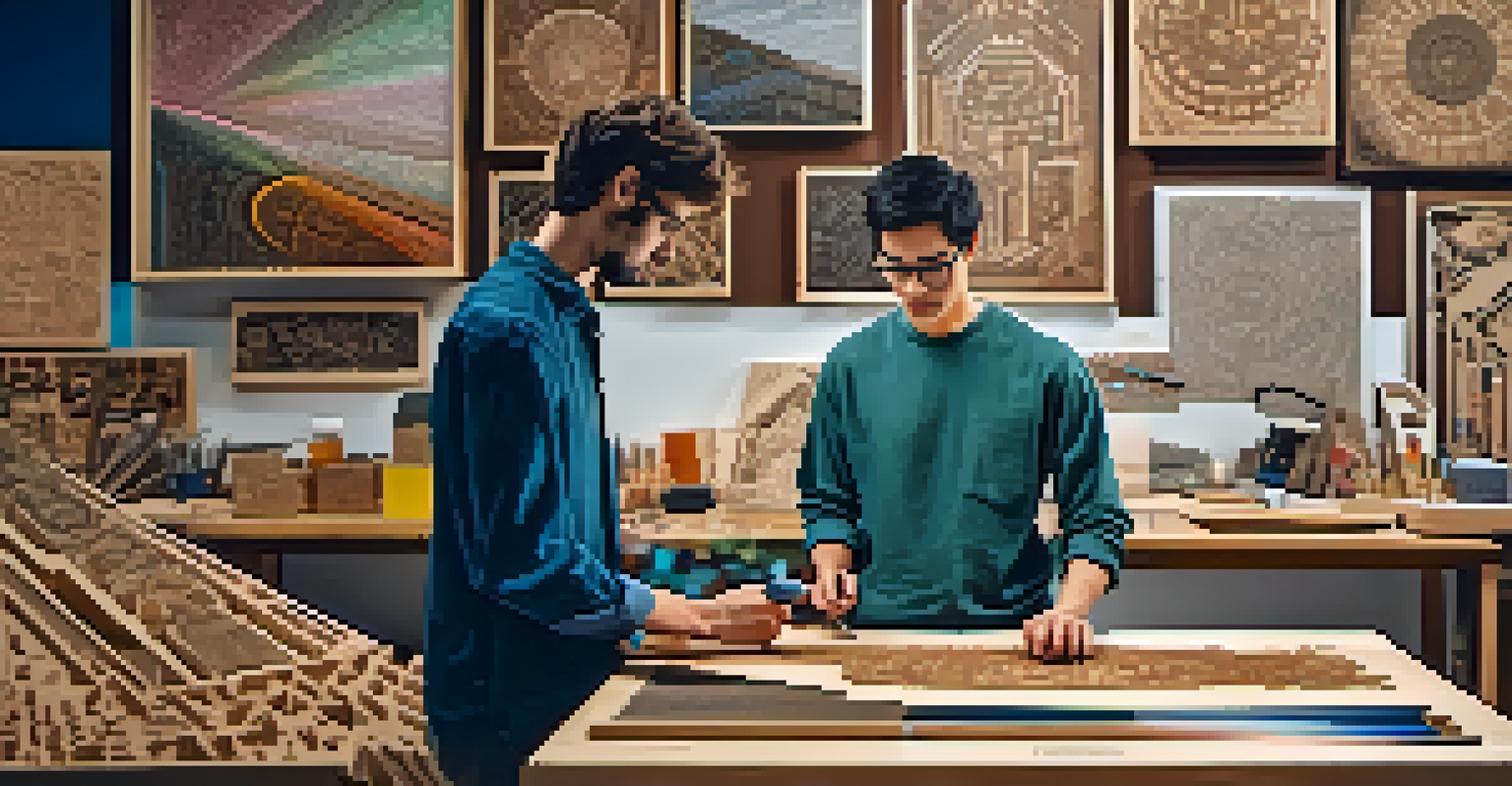 An artist in a modern studio using a digital tablet, with a laser cutter in the background engraving wood.