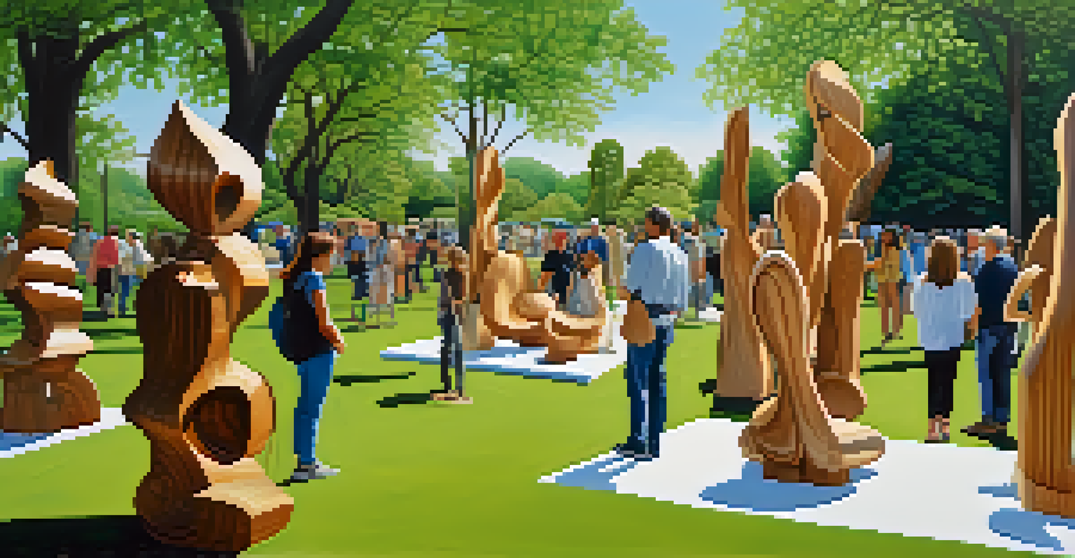 An outdoor exhibition of wooden sculptures in a park, with people interacting and a clear blue sky above.