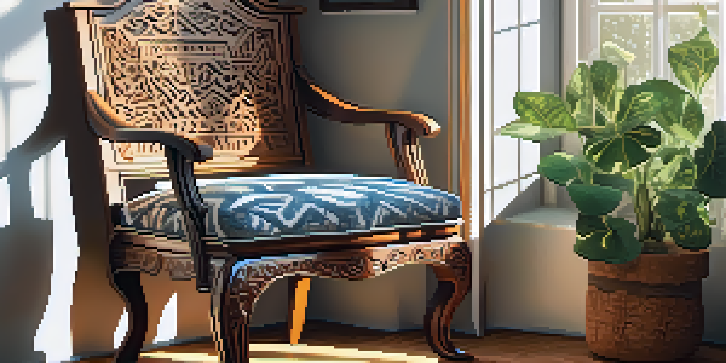 A carved wooden chair with intricate designs in a bright living room surrounded by plants.