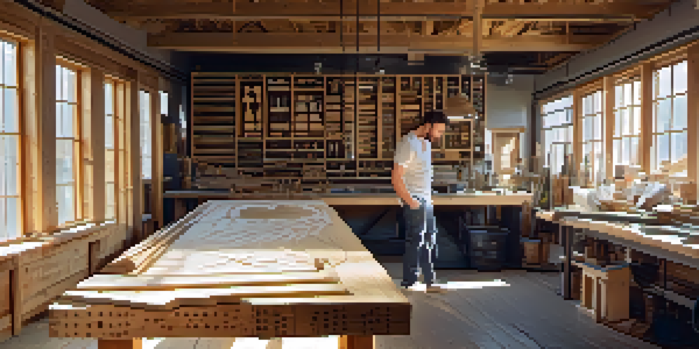 An artist using a CNC machine in a bright workshop, surrounded by tools and reclaimed wood, with sunlight shining through the windows.