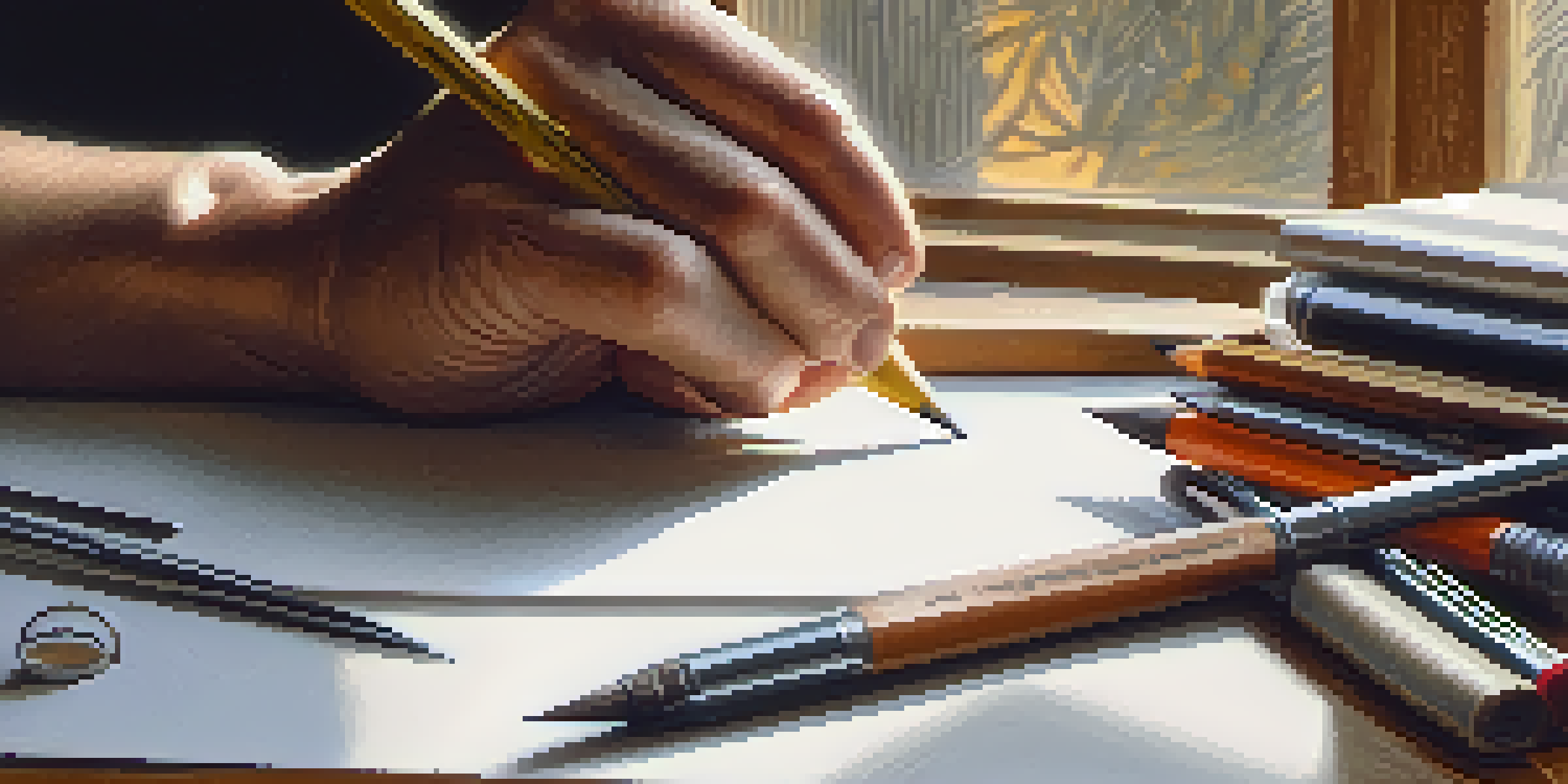 A sculptor's hand sketching on textured paper with sculpting tools around, illuminated by warm natural light.