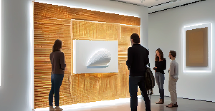 A modern digital sculpture made from 3D-printed biodegradable materials, displayed in a gallery with soft lighting and visitors interacting with it.