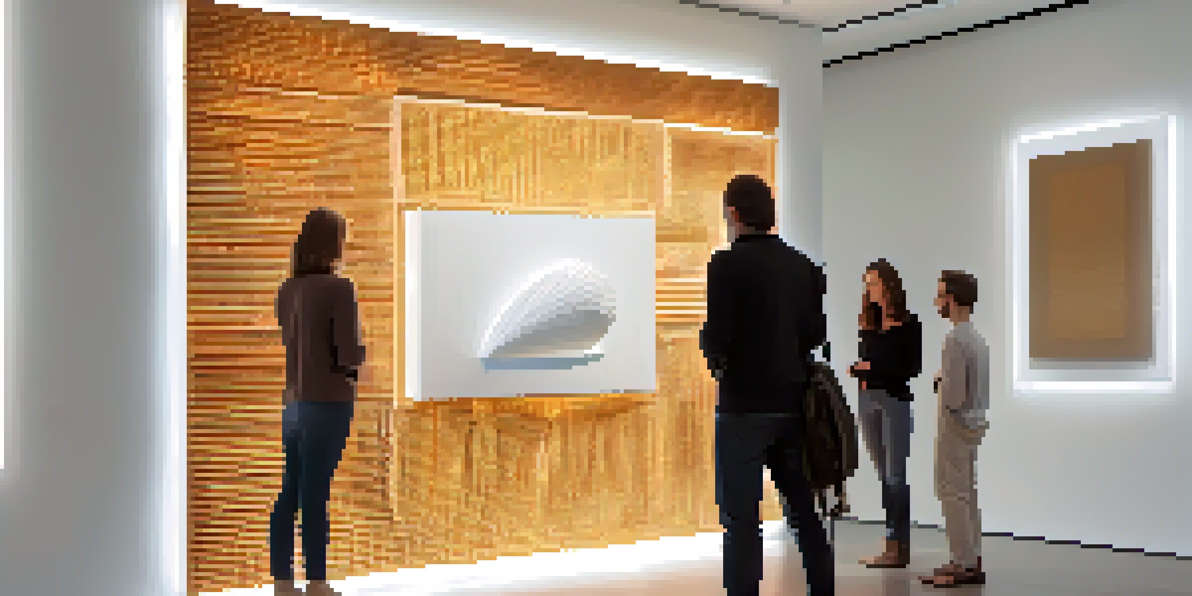 A modern digital sculpture made from 3D-printed biodegradable materials, displayed in a gallery with soft lighting and visitors interacting with it.