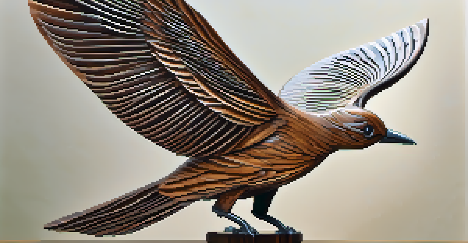 A wooden carving of a bird in flight, showcasing detailed feathers and dynamic wings.