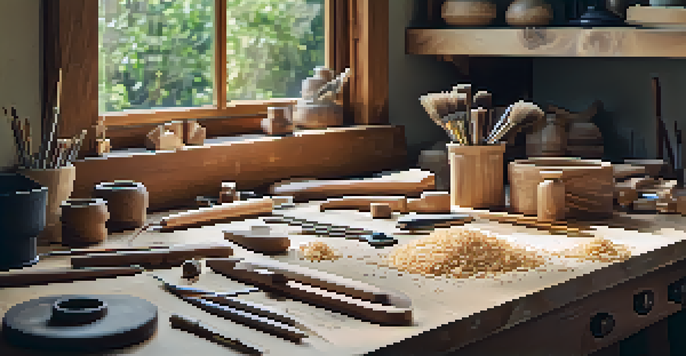 A peaceful carving workspace with a wooden table, neatly organized tools, and a view of a garden outside the window.