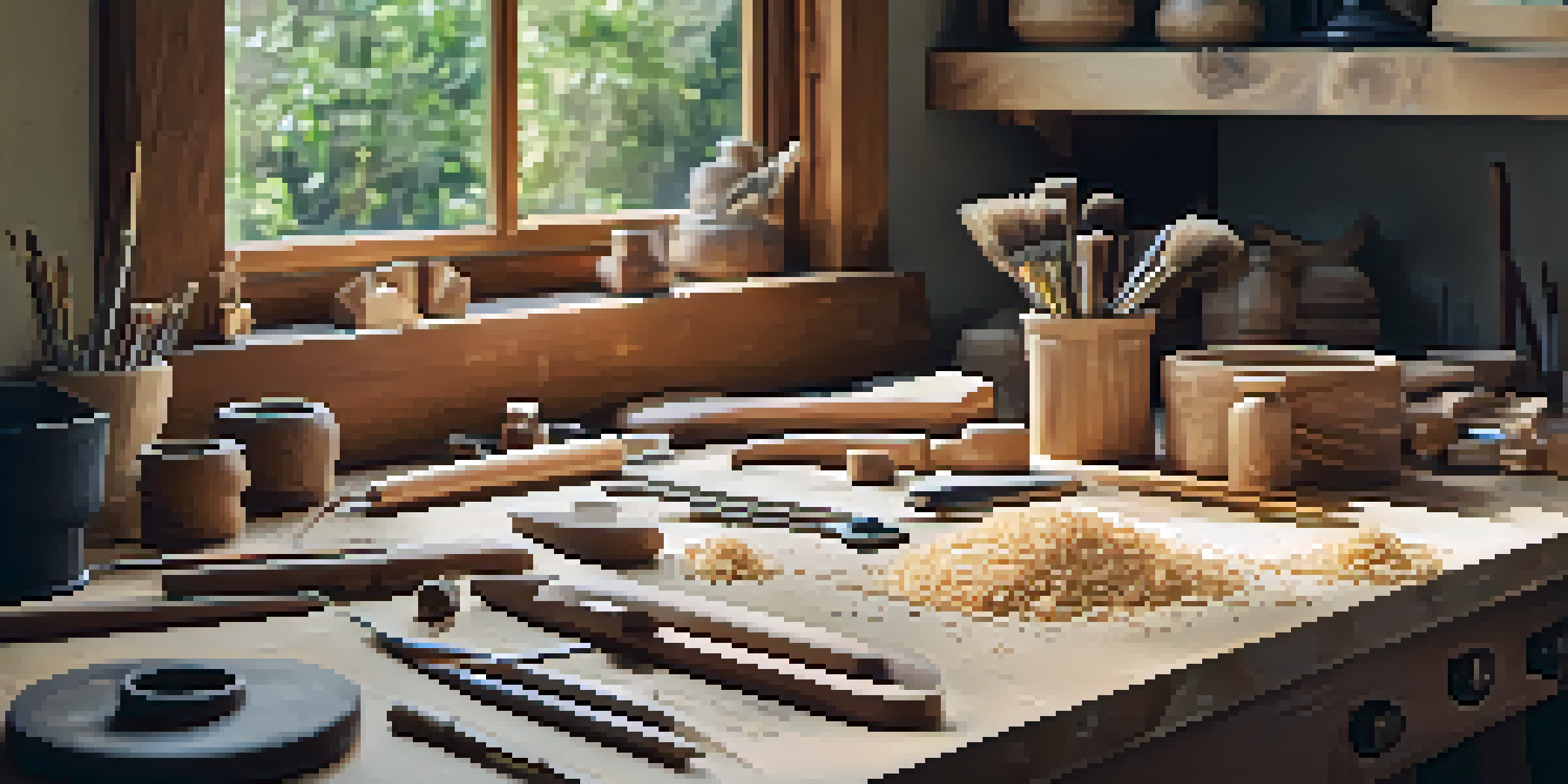 A peaceful carving workspace with a wooden table, neatly organized tools, and a view of a garden outside the window.