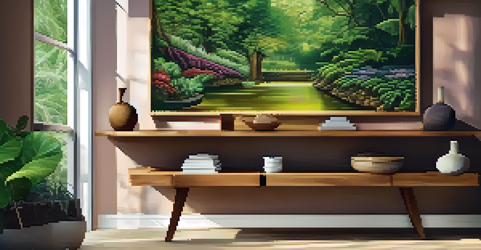 A carved wooden piece displaying vibrant natural colors, set against green foliage.