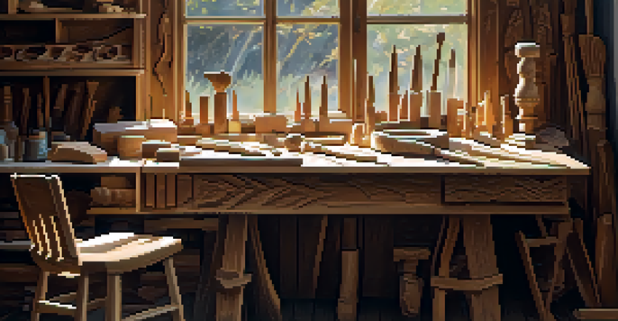 A wood carving workshop with a table full of tools and a partially finished wooden carving, illuminated by natural light.