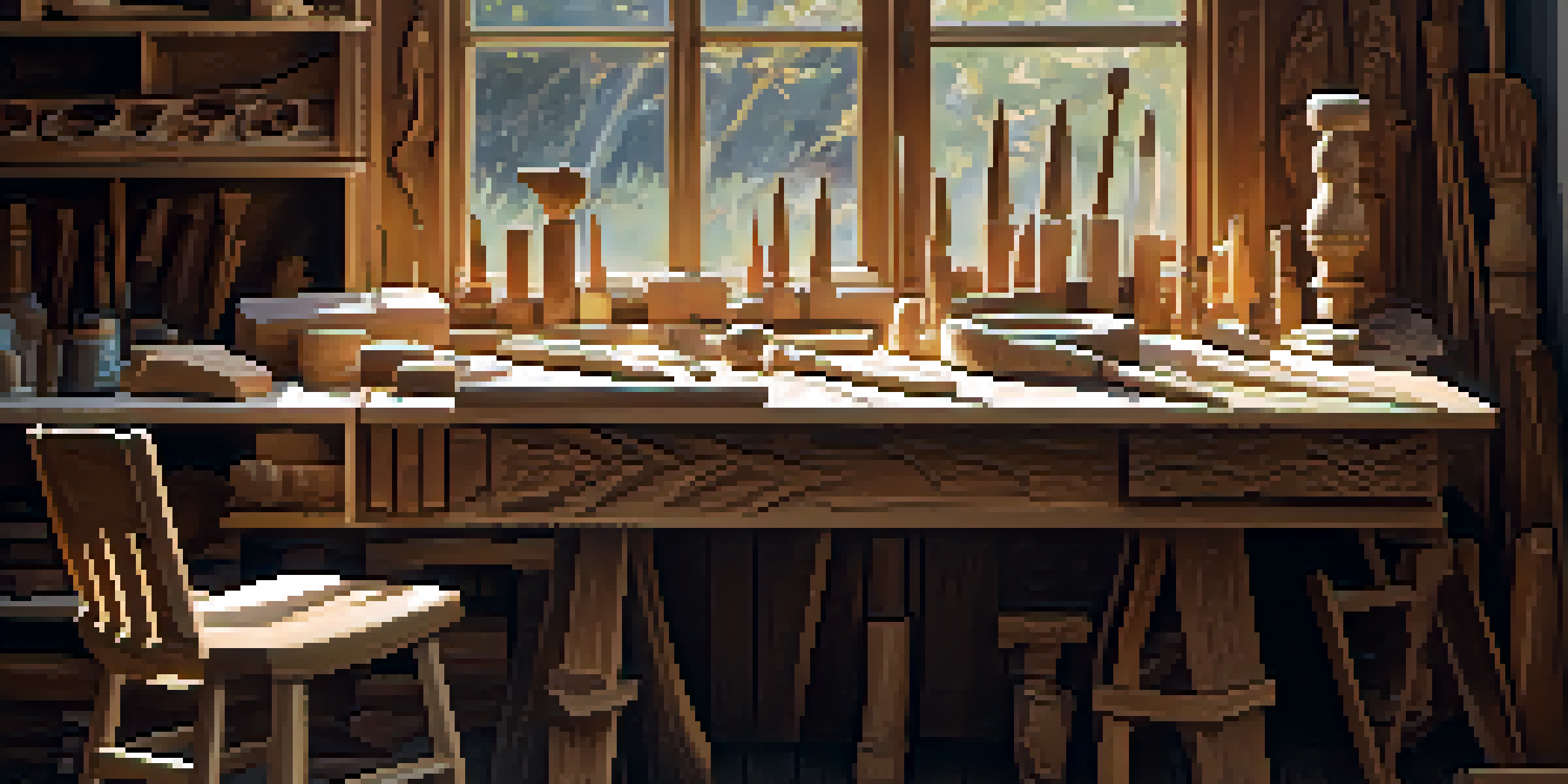 A wood carving workshop with a table full of tools and a partially finished wooden carving, illuminated by natural light.