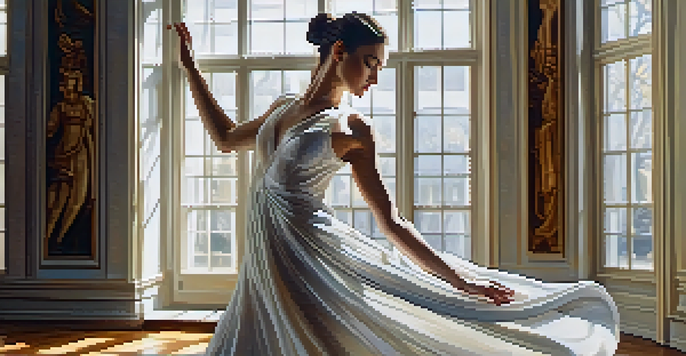 A marble sculpture of a dancer in a sunlit gallery, showcasing intricate details and soft lighting.